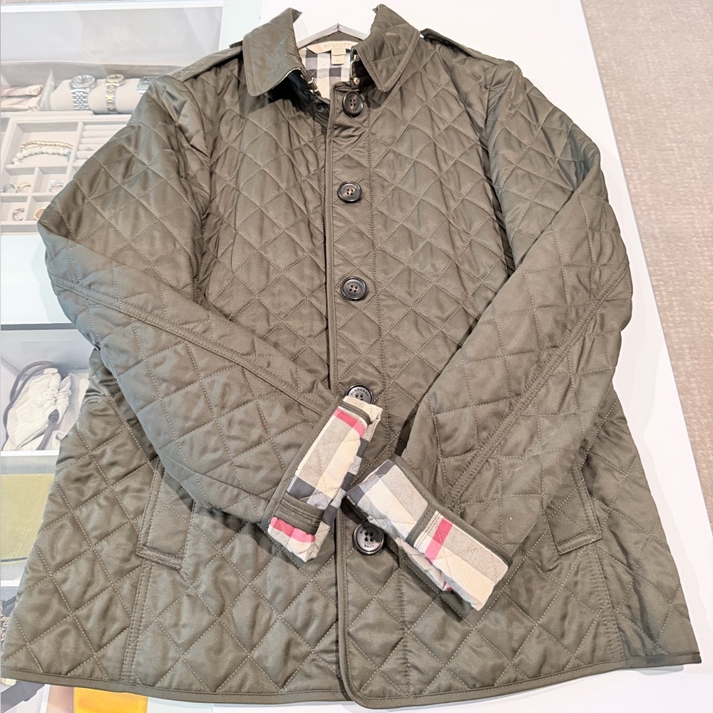 Burberry Quilted Olive Green Diamond Jacket with Check Cuff Detail